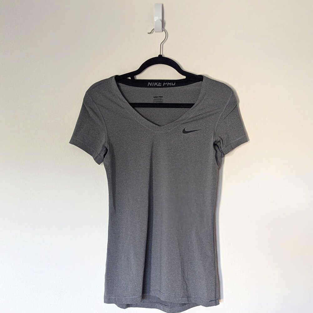 Gray Nike Pro Women's Compression V-neck T-shirt, M